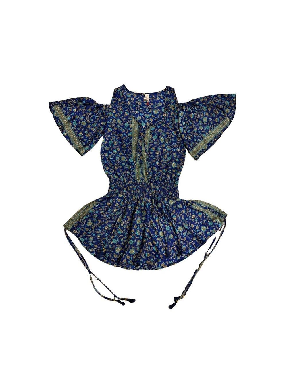 Raga Blue Floral Boho Romper Size M Cold Shoulder Bell Sleeve Festival